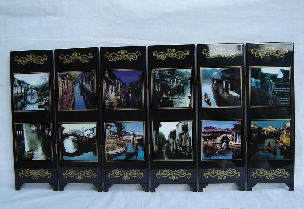 廠家批量漆器小屏風(fēng):水鄉(xiāng)圖、中國特色工藝品、家居裝飾品